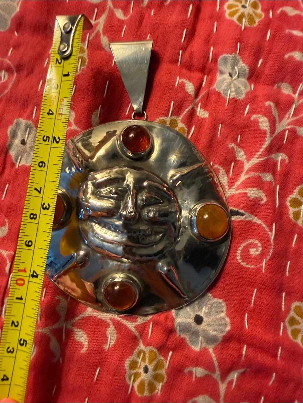 OOAK Sun Face Sterling Pendant with Amber Stones